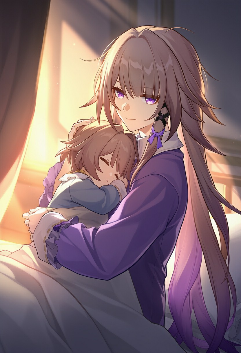 紫发少女温柔抱熟睡孩童