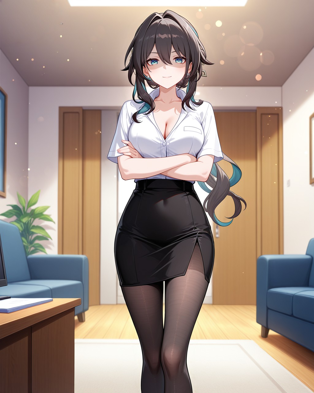 办公室里的职业装动漫美人太飒了