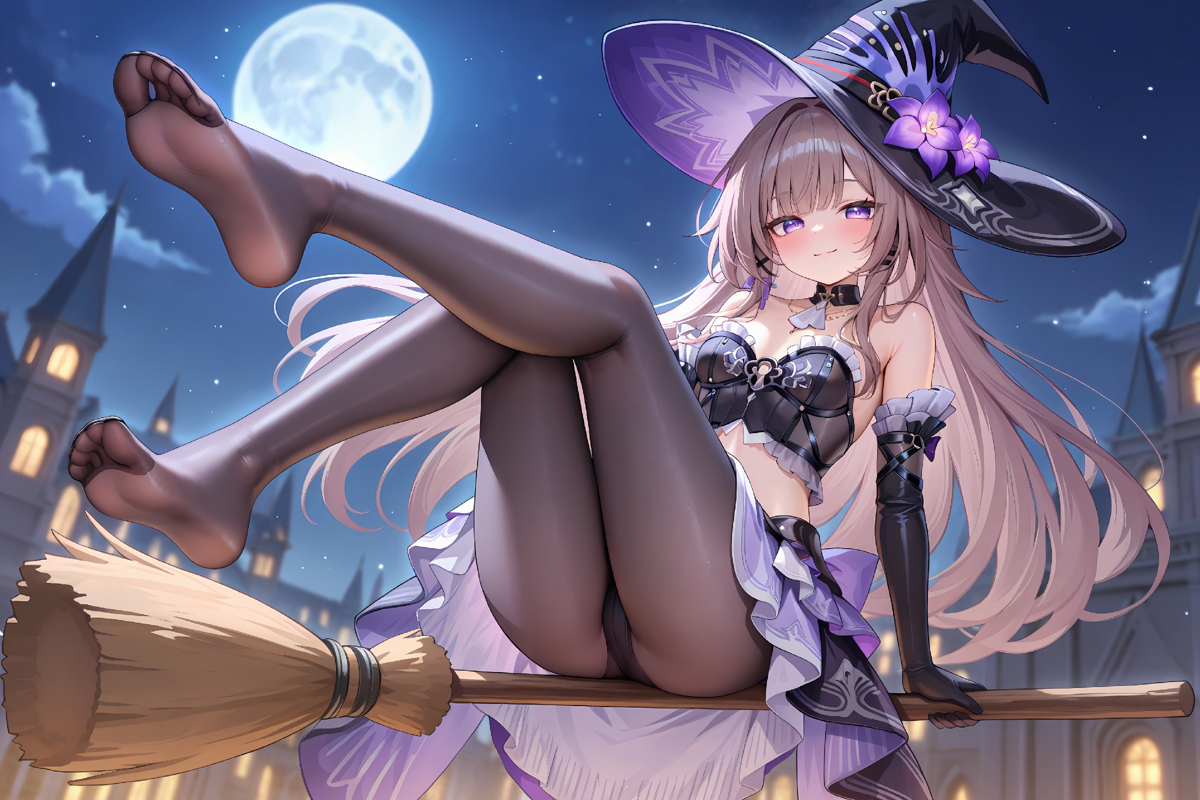 月夜女巫骑扫帚，黑丝造型超吸睛