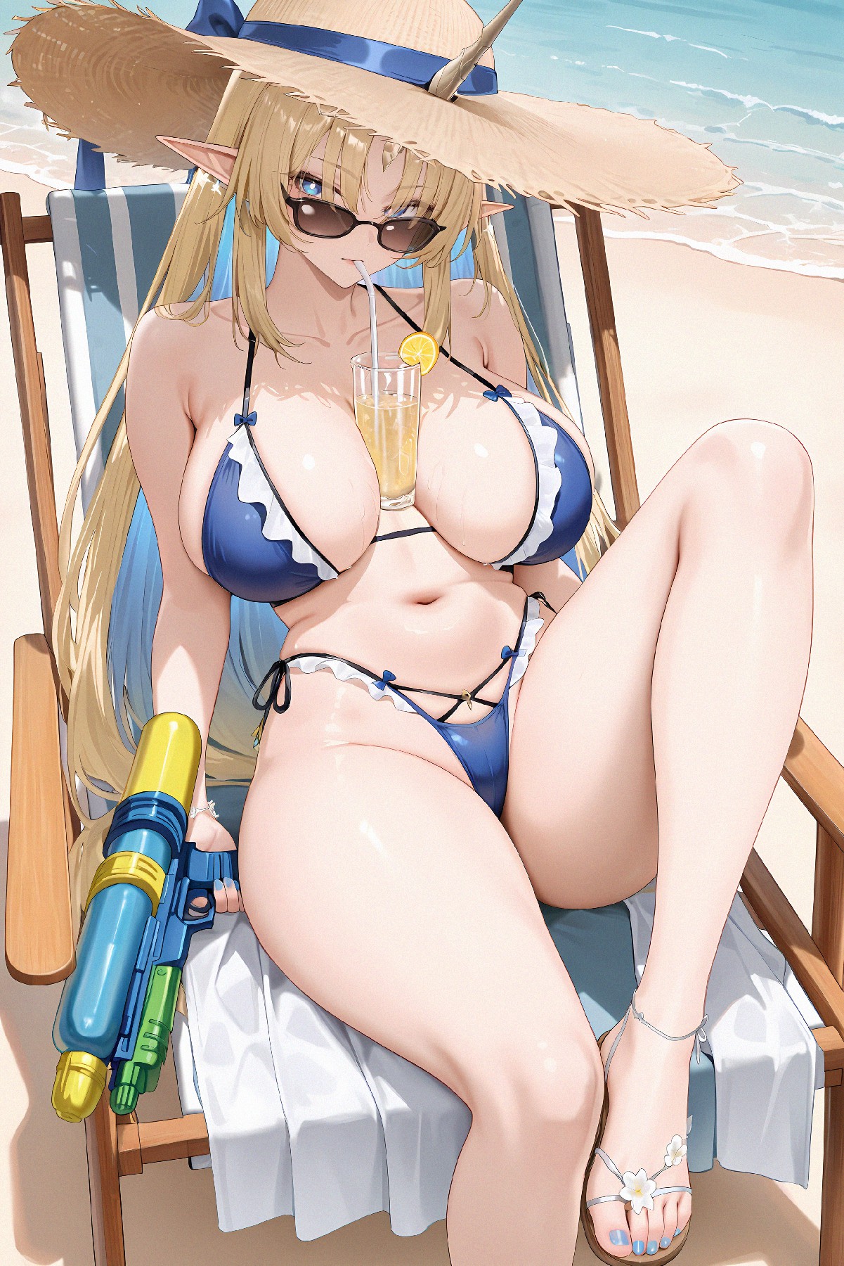 夏日海滩元气少女，水枪与冷饮的悠闲时光