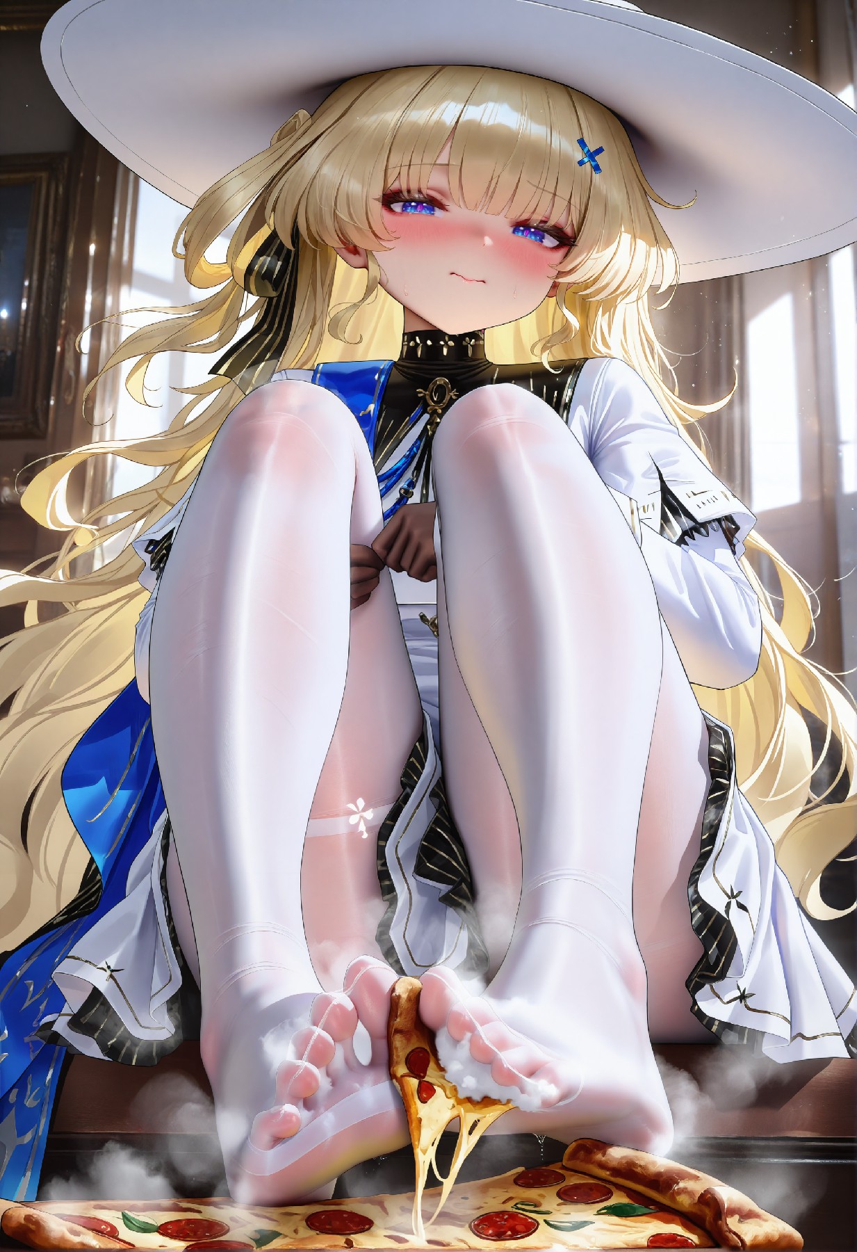 金发少女白丝脚玩披萨，蒸汽氛围感拉满