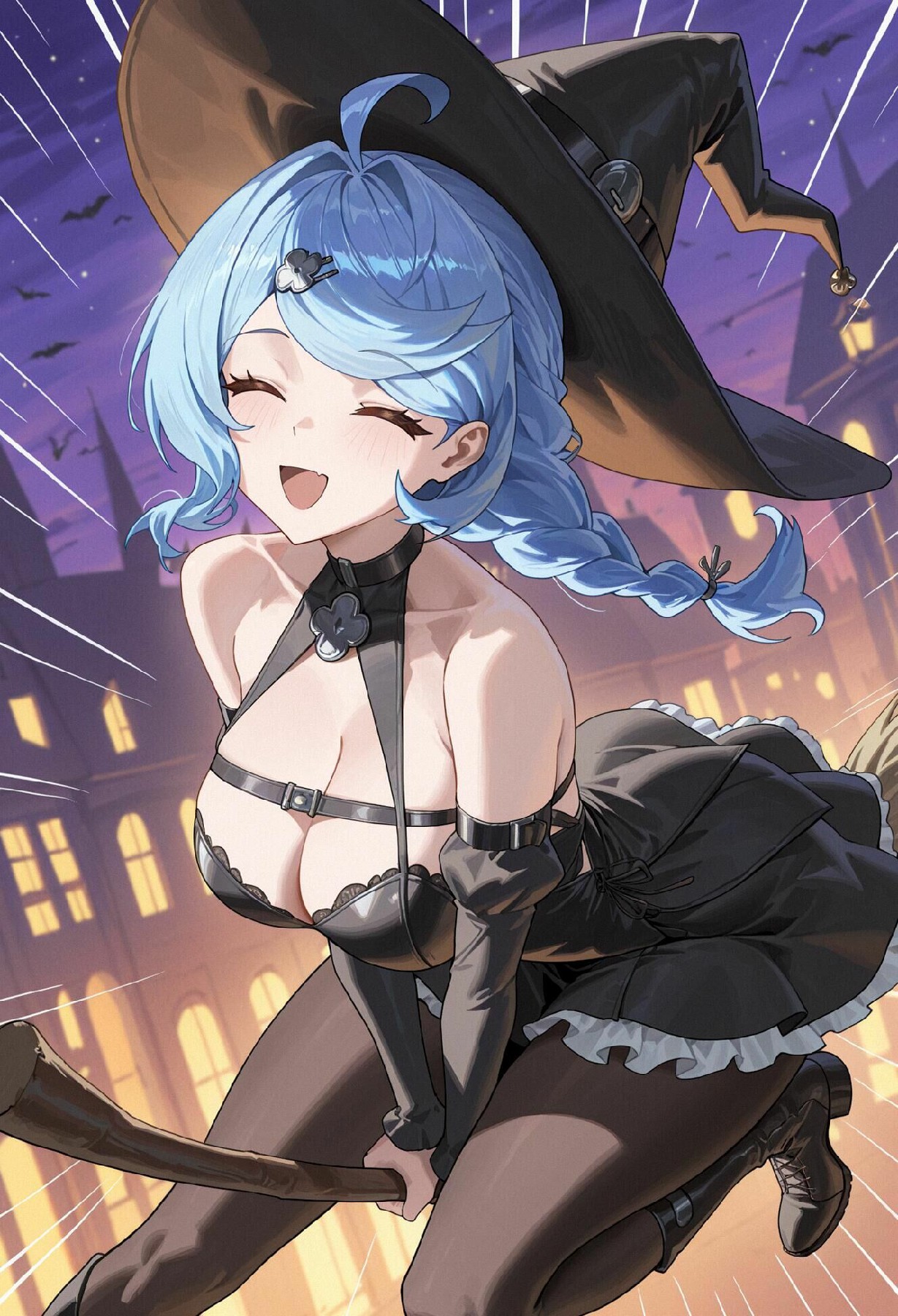 蓝发女巫骑扫帚，暗夜魔法氛围感拉满