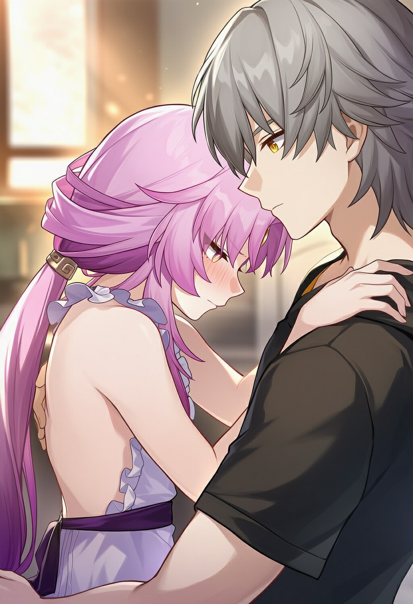 银发少年与粉发少女的甜蜜相拥时刻