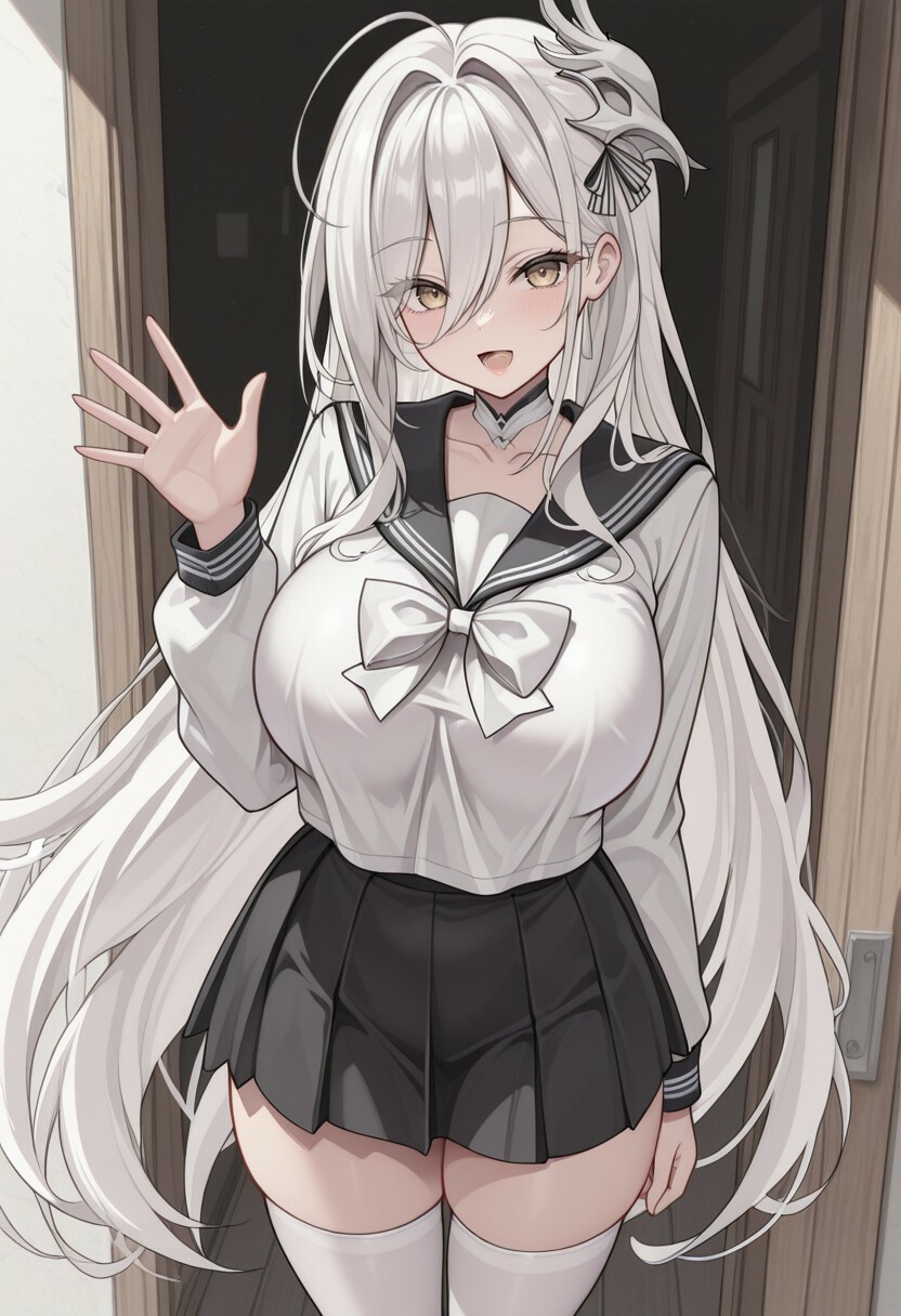 银发水手服少女元气挥手超治愈