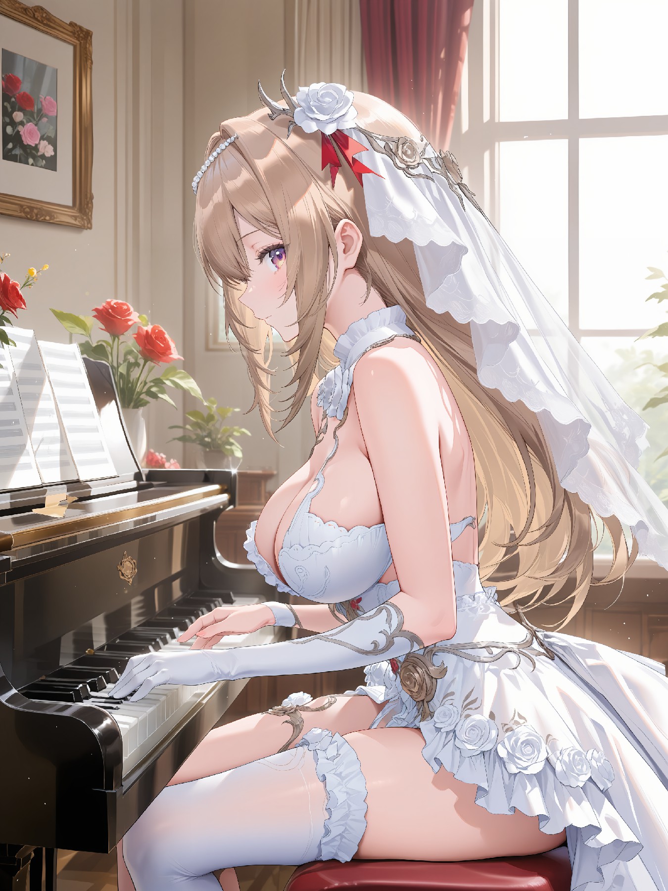 婚纱少女端坐琴前静奏，暖室漫溢浪漫柔光