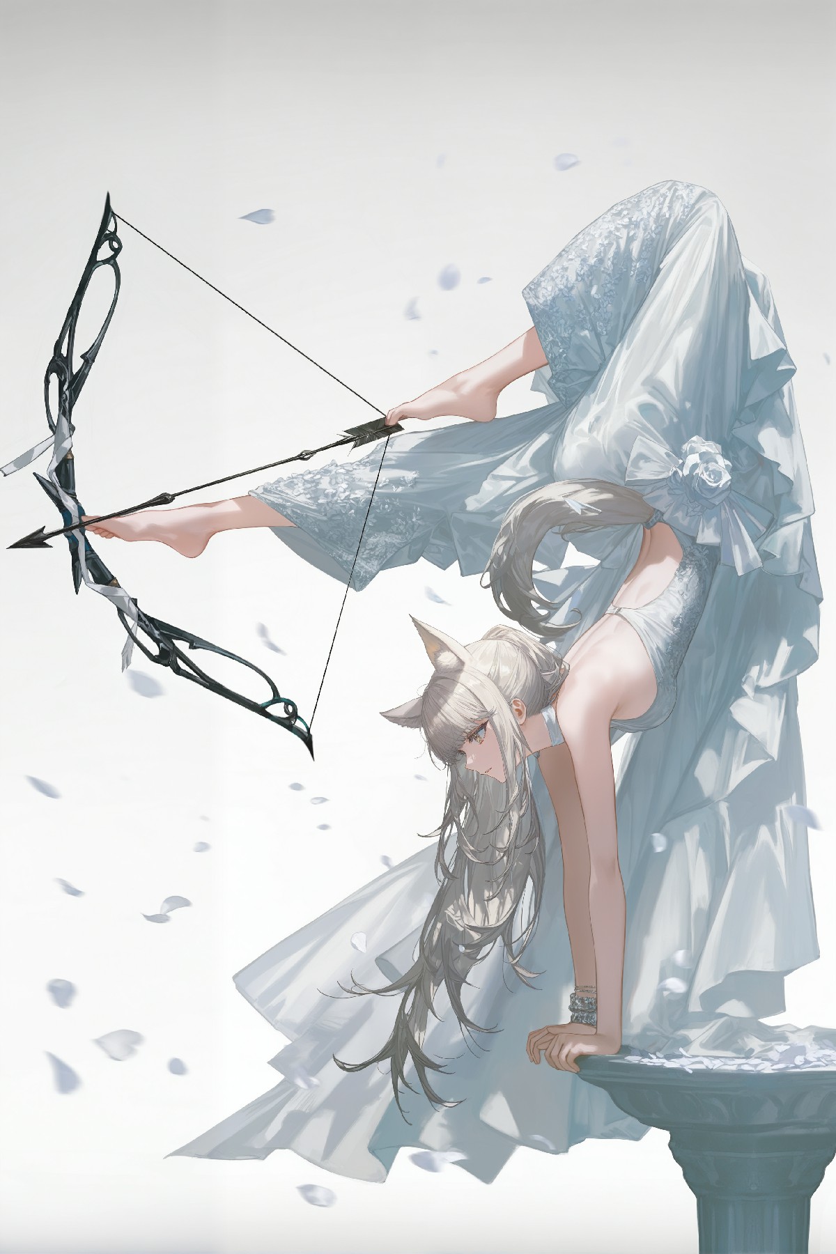 浅蓝长裙猫耳少女持弓的梦幻时刻