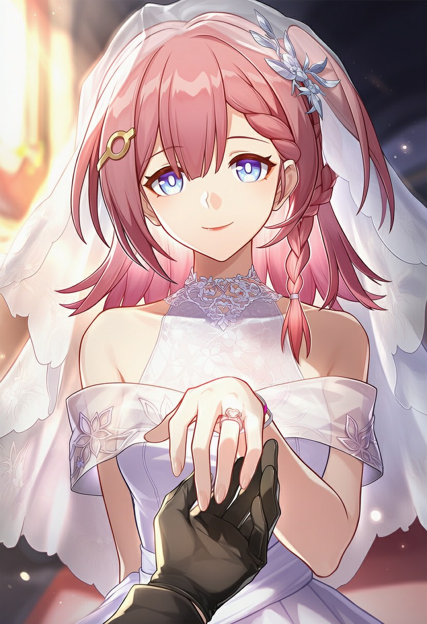 身着婚纱的粉发少女浪漫交换戒指瞬间