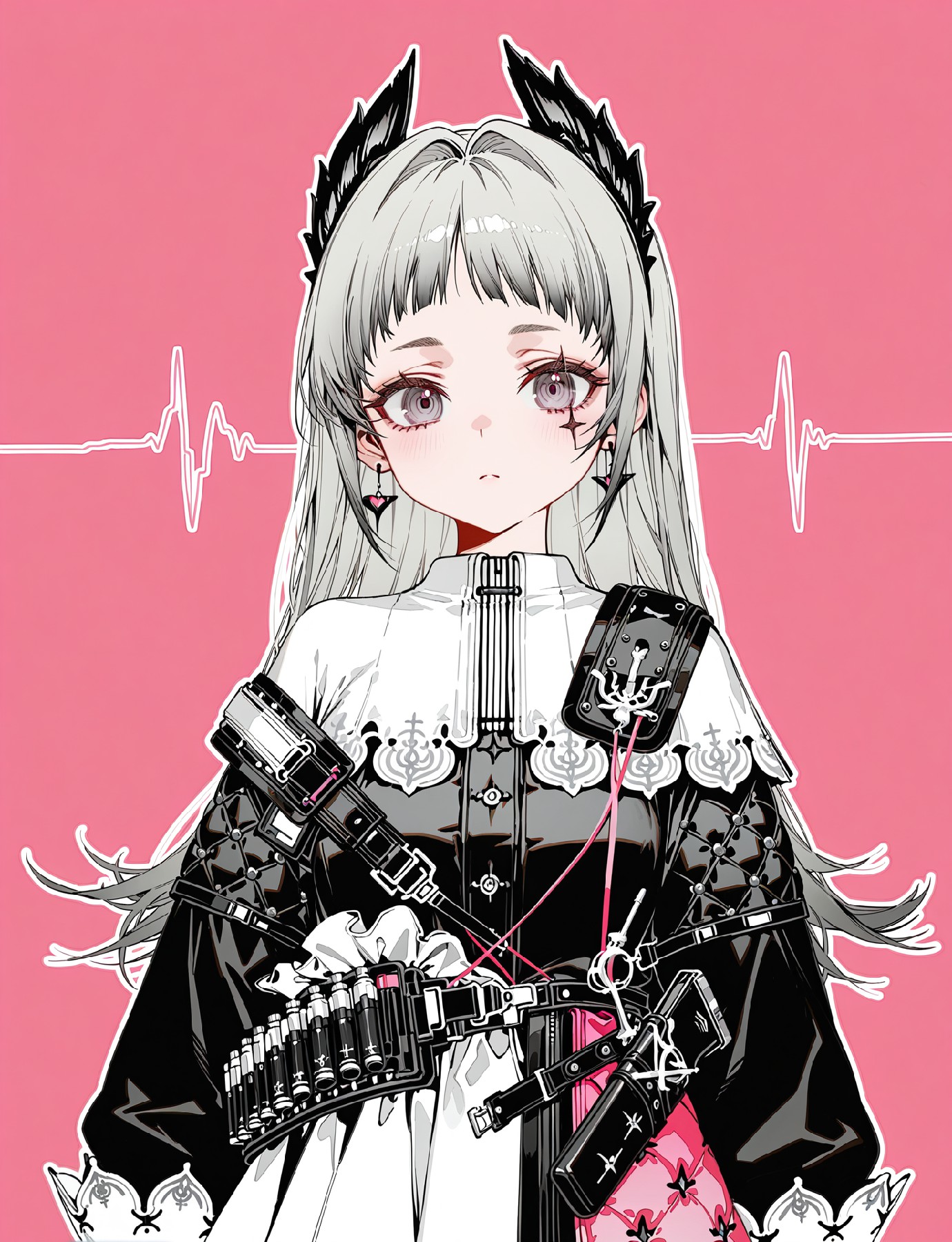 粉黑酷飒银发机甲少女 心跳线氛围感插画