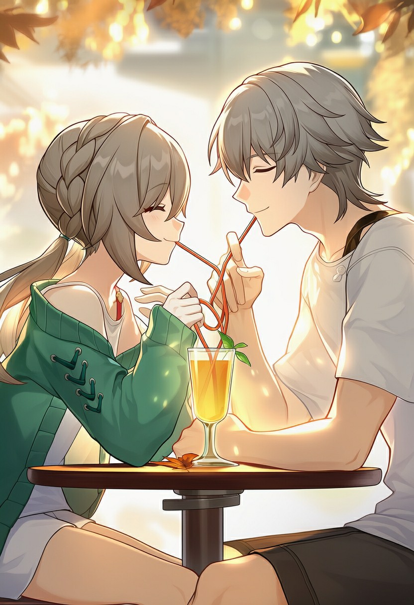 情侣同饮一杯，暖光下的甜蜜时刻