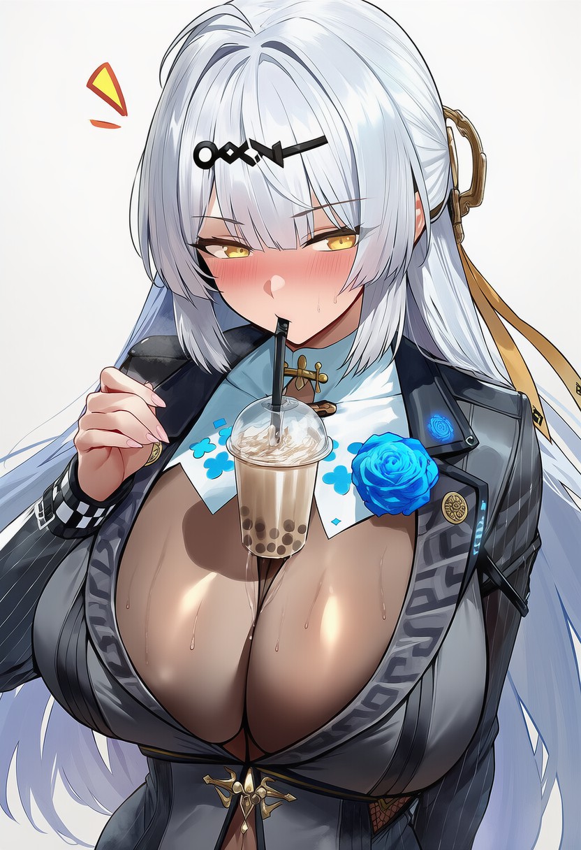 银发御姐喝奶茶,穿搭细节超戳心