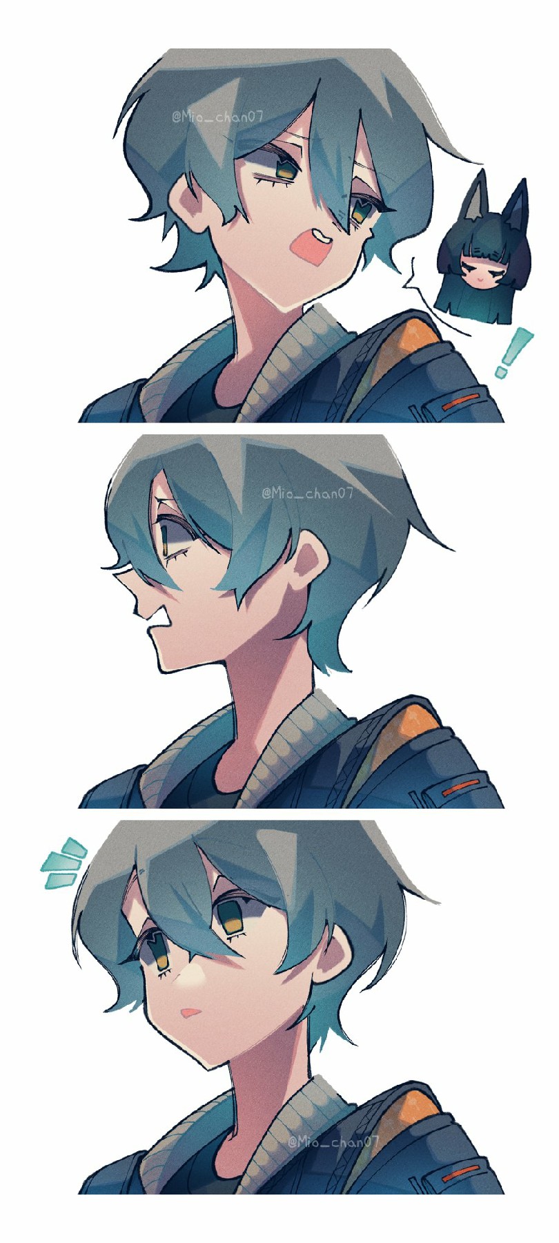 蓝发角色的生动表情三连帧展示