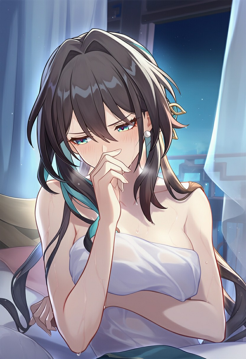 夜窗下害羞少女，蓝发挑染氛围感拉满