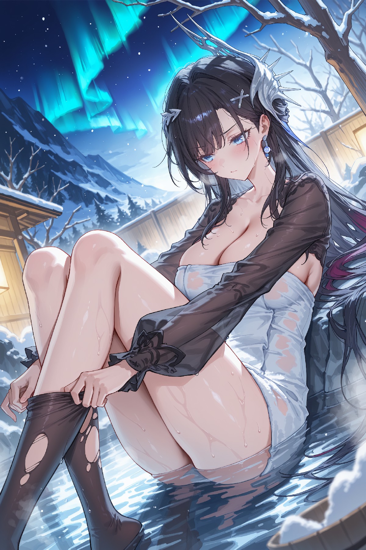 极光下的温泉少女，冬日浪漫氛围感拉满