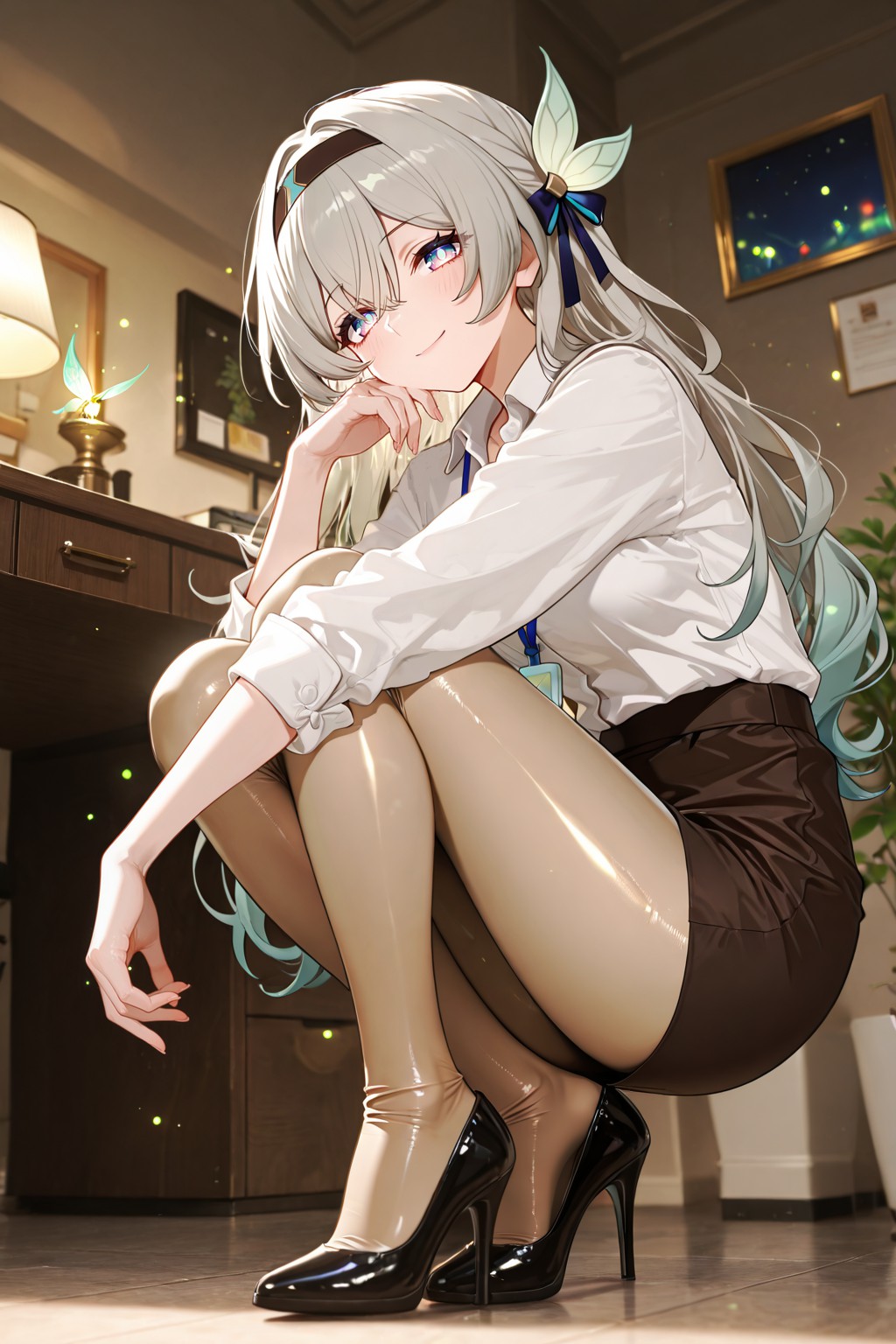 银发蝴蝶发饰｜职场风蹲姿动漫美照