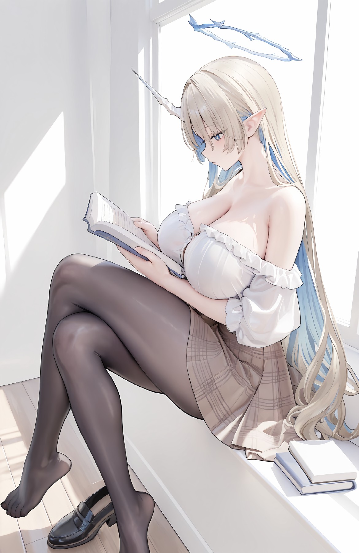 窗边捧书阅读的银发独角少女，氛围感拉满