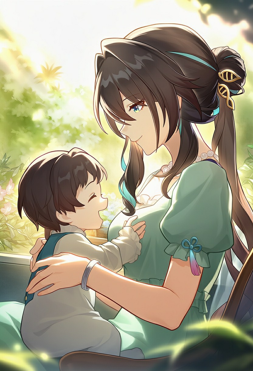 绿意环绕下的温馨亲子温柔相拥时刻