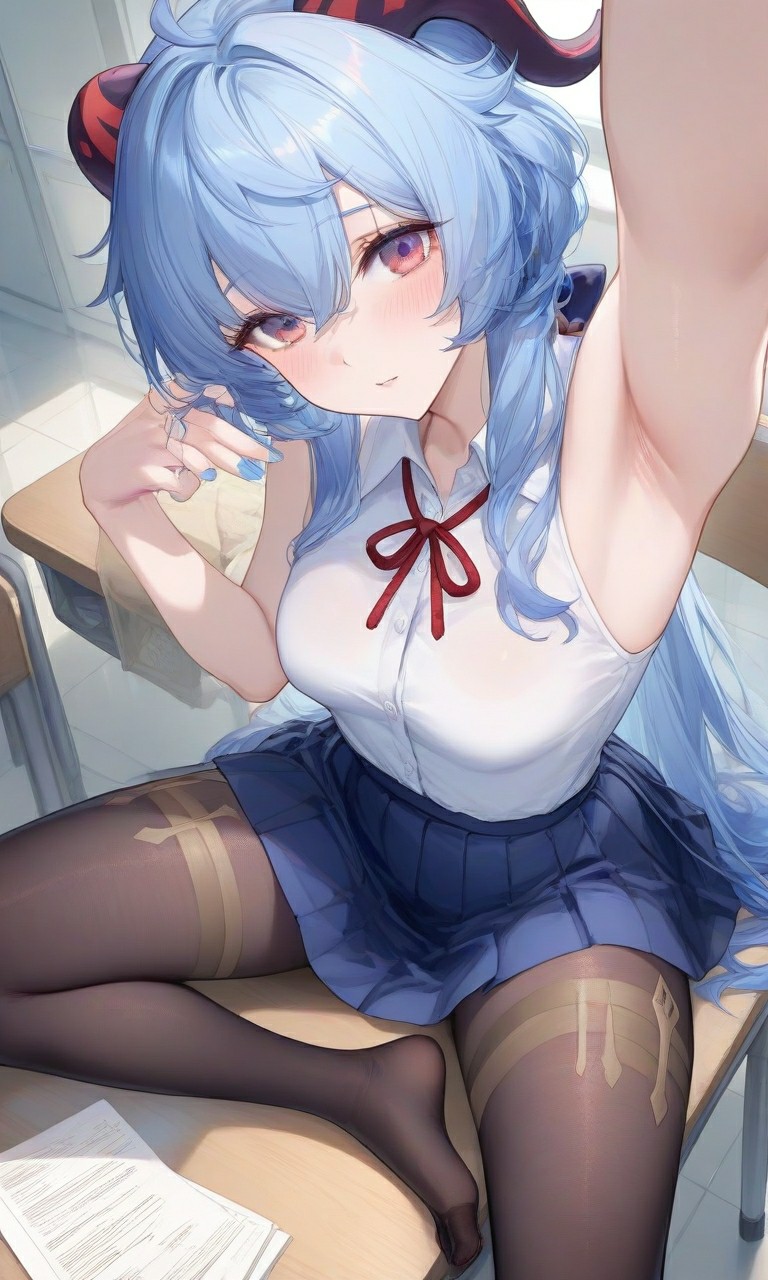 蓝发少女教室自拍元气感拉满的校服穿搭