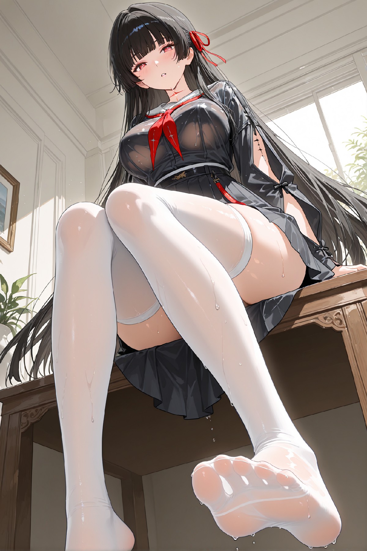 湿身黑裙白丝美少女，大长腿太绝了