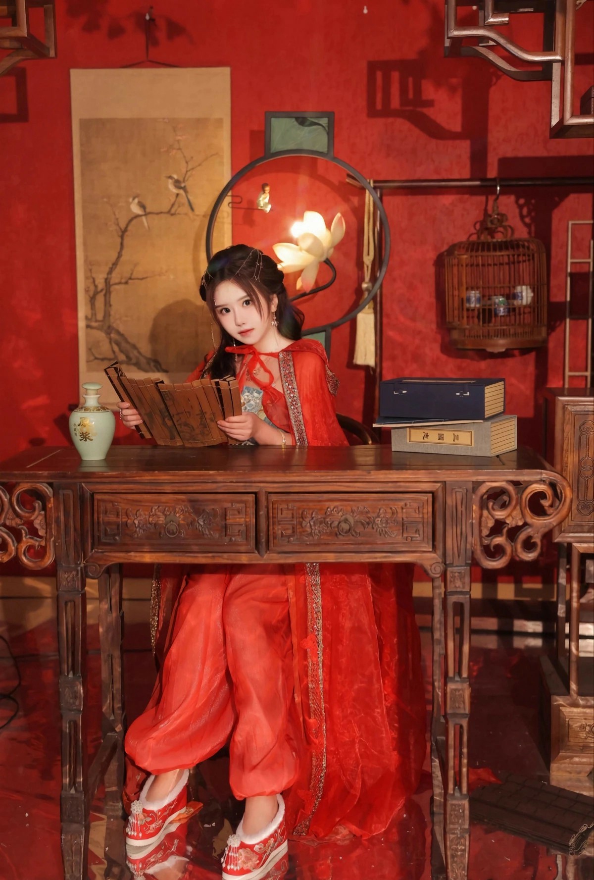 红衣佳人中式书房读竹简氛围感拉满