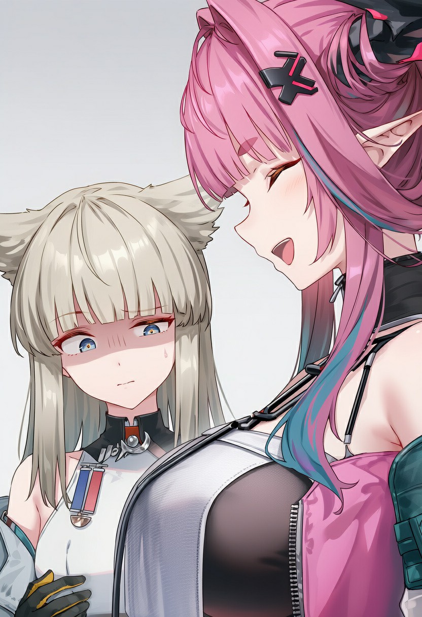 粉发精灵与银发猫耳娘的可爱互动