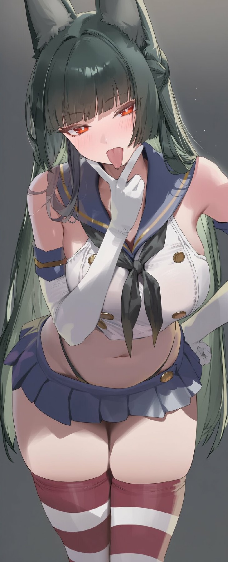 绿发兽耳水手服少女，俏皮吐舌超吸睛