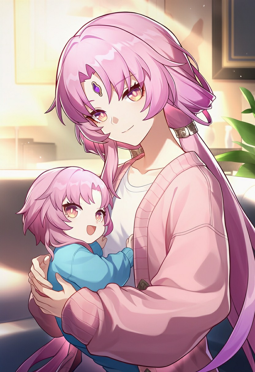 粉发母女的温馨亲子时光