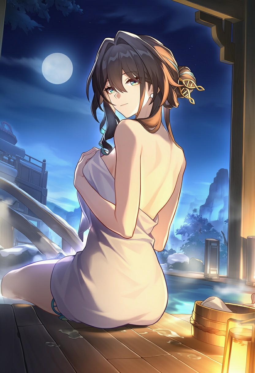 月夜温泉畔，裹巾佳人温柔回眸