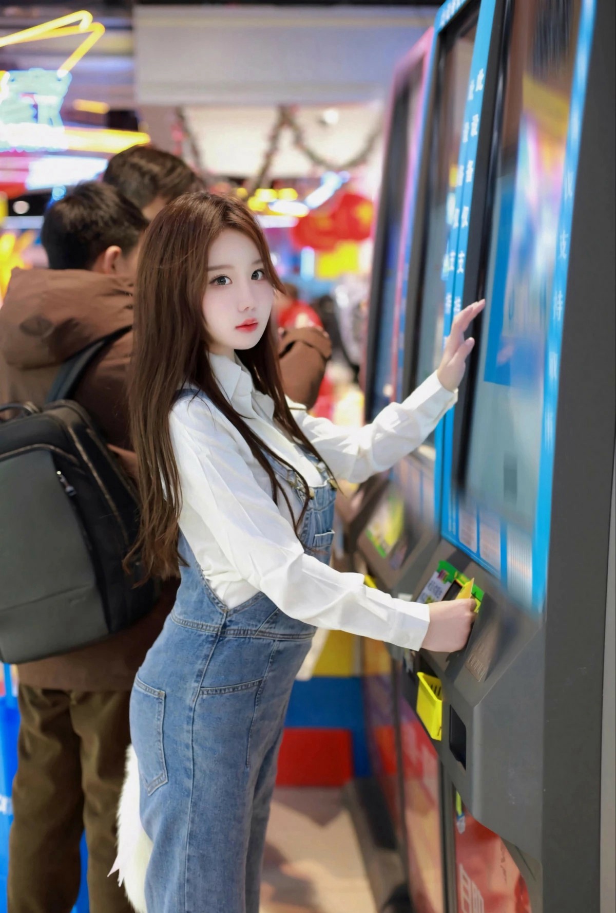 牛仔背带裤搭配白衬衫 元气满满逛电玩城