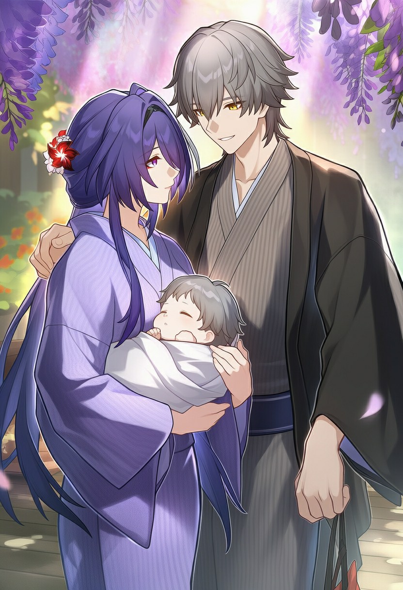 紫藤花下温馨一家三口 甜蜜满满的婚后日常