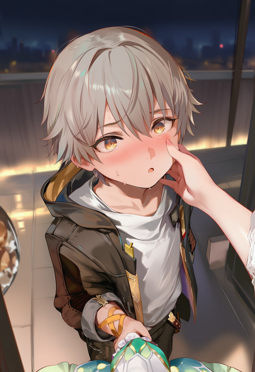 夜晚窗边被触碰的脸红少年