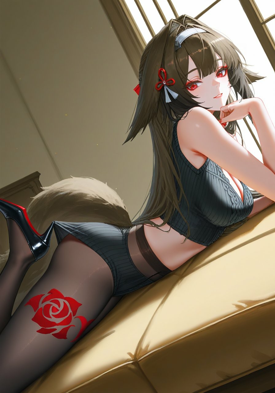 红瞳兽耳少女慵懒卧榻,玫瑰丝袜尽显魅惑