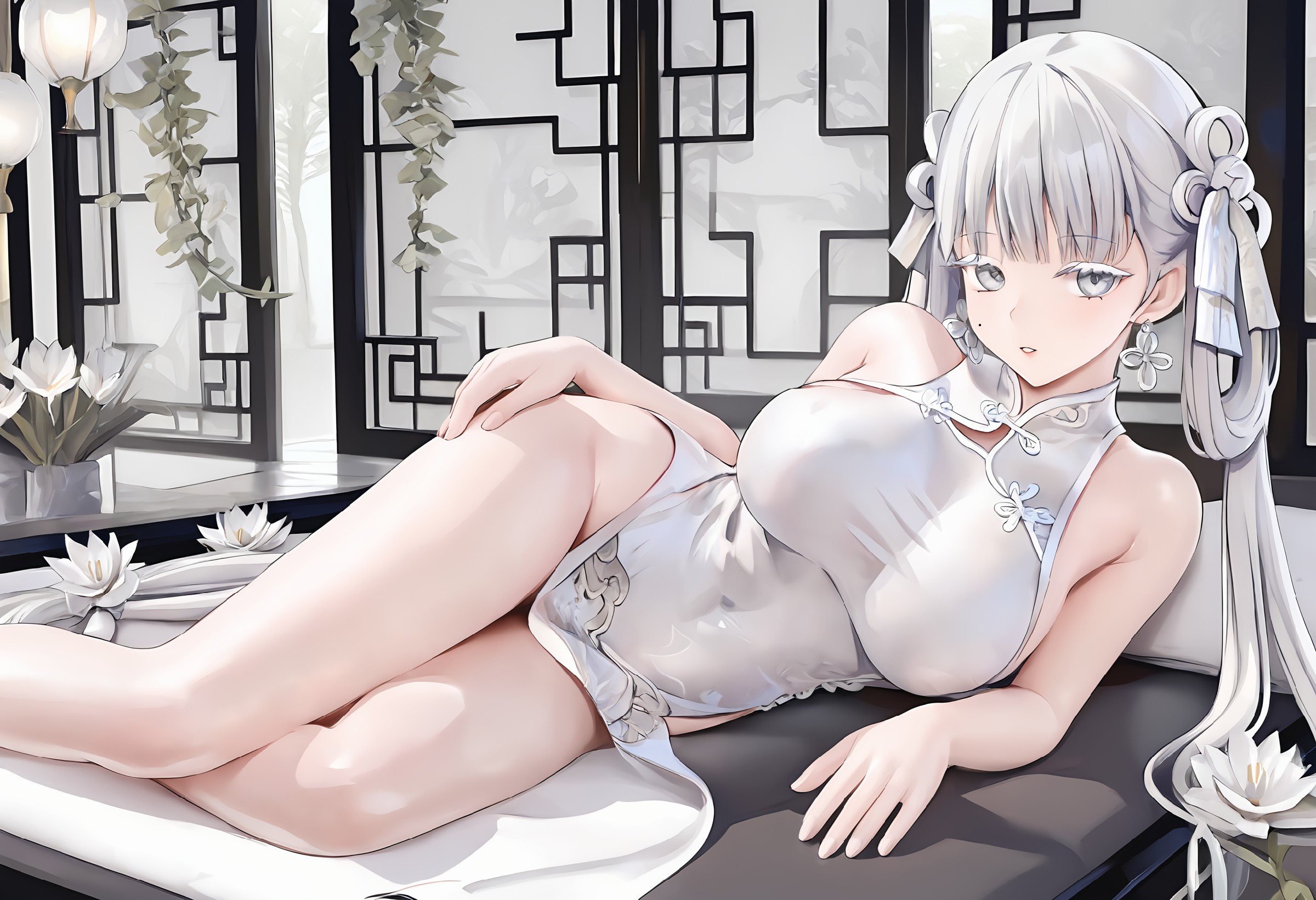 清冷银发旗袍美人的雅致午后