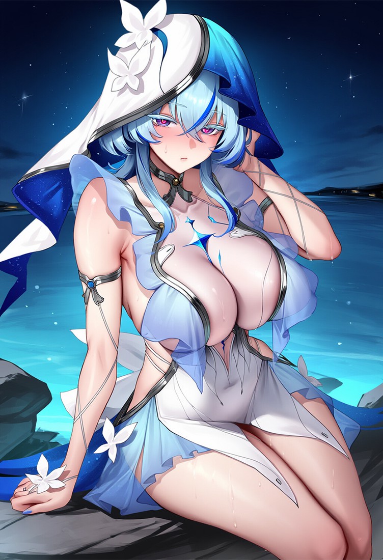 星夜水边蓝发美少女的魅惑时刻