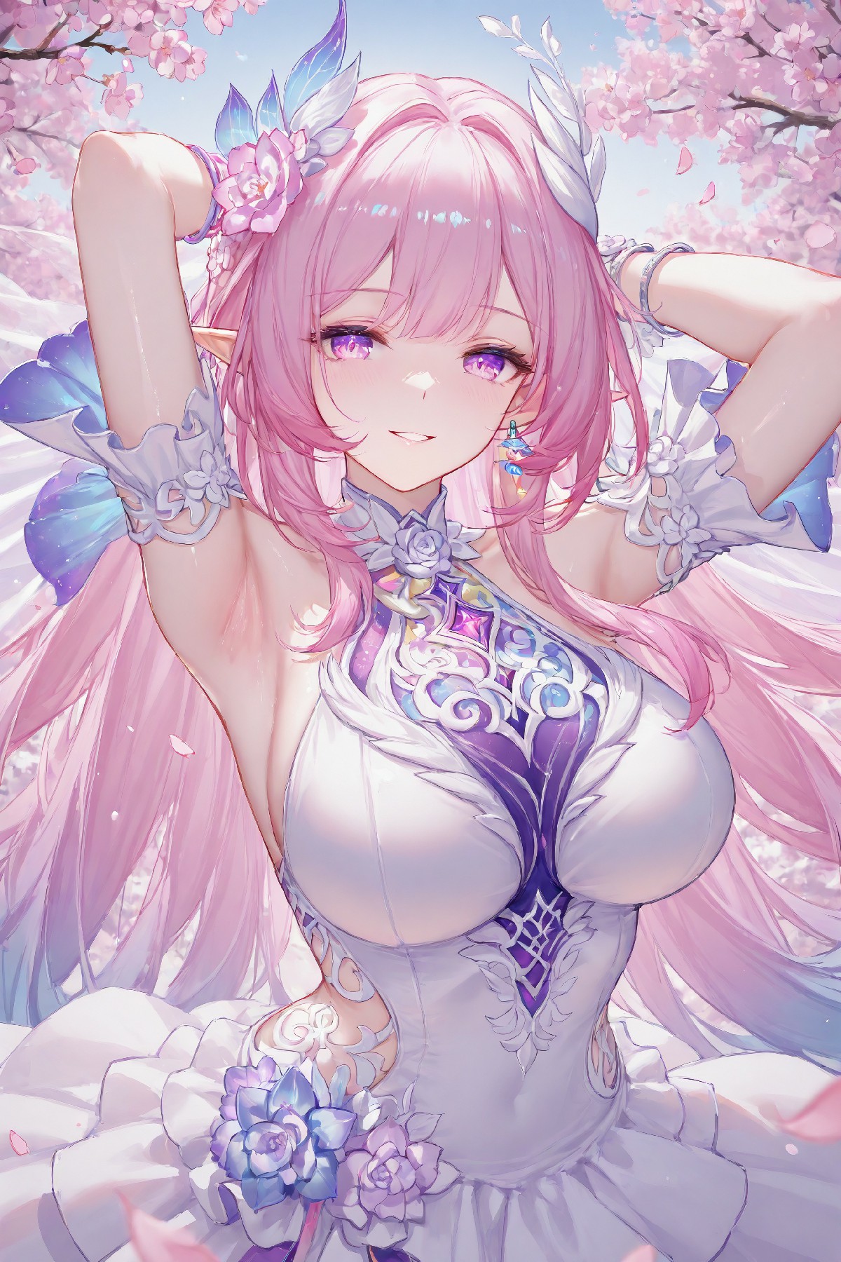 粉发尖耳精灵 樱花丛中展露甜美温柔笑颜