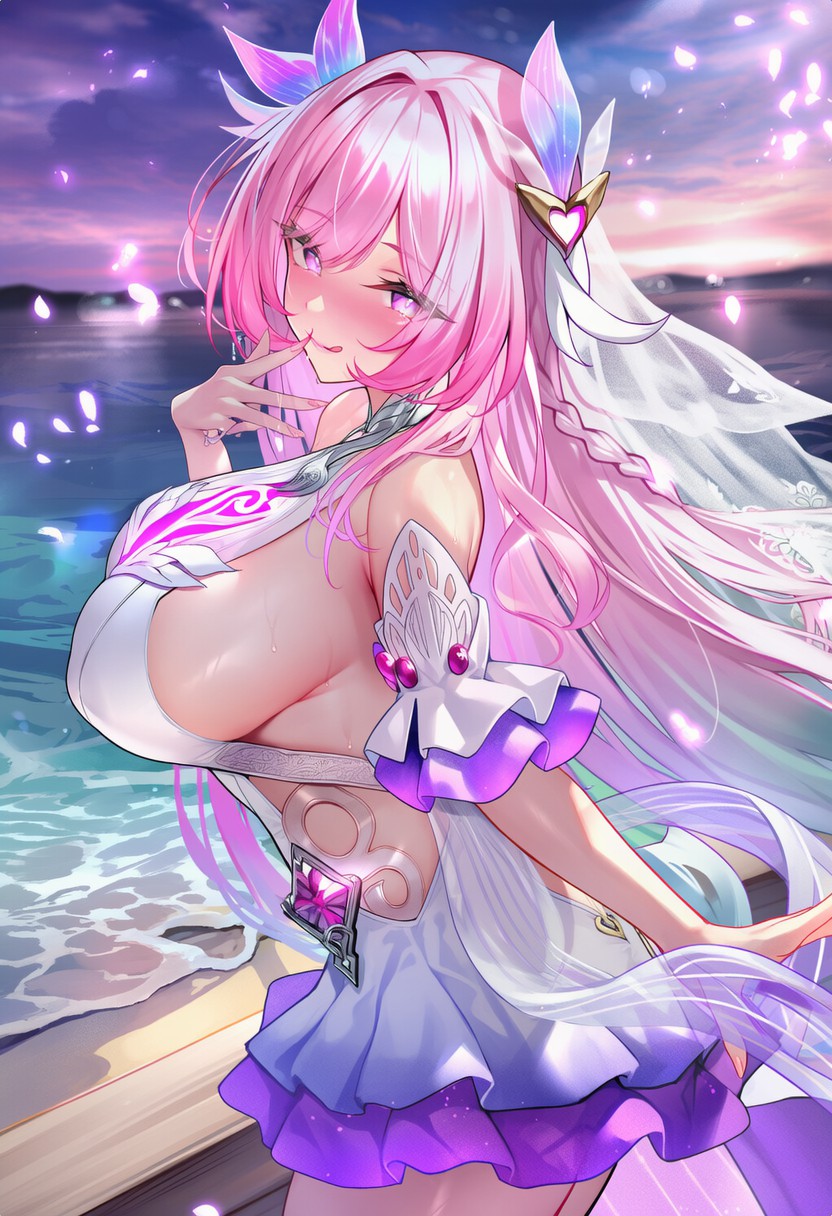 海边粉发美少女婚纱造型超梦幻