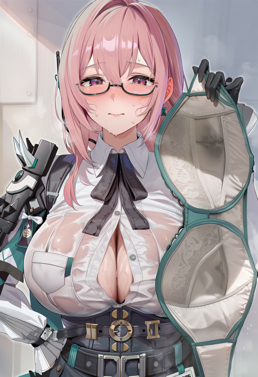 粉发眼镜娘制服诱惑，蕾丝内衣与机械臂