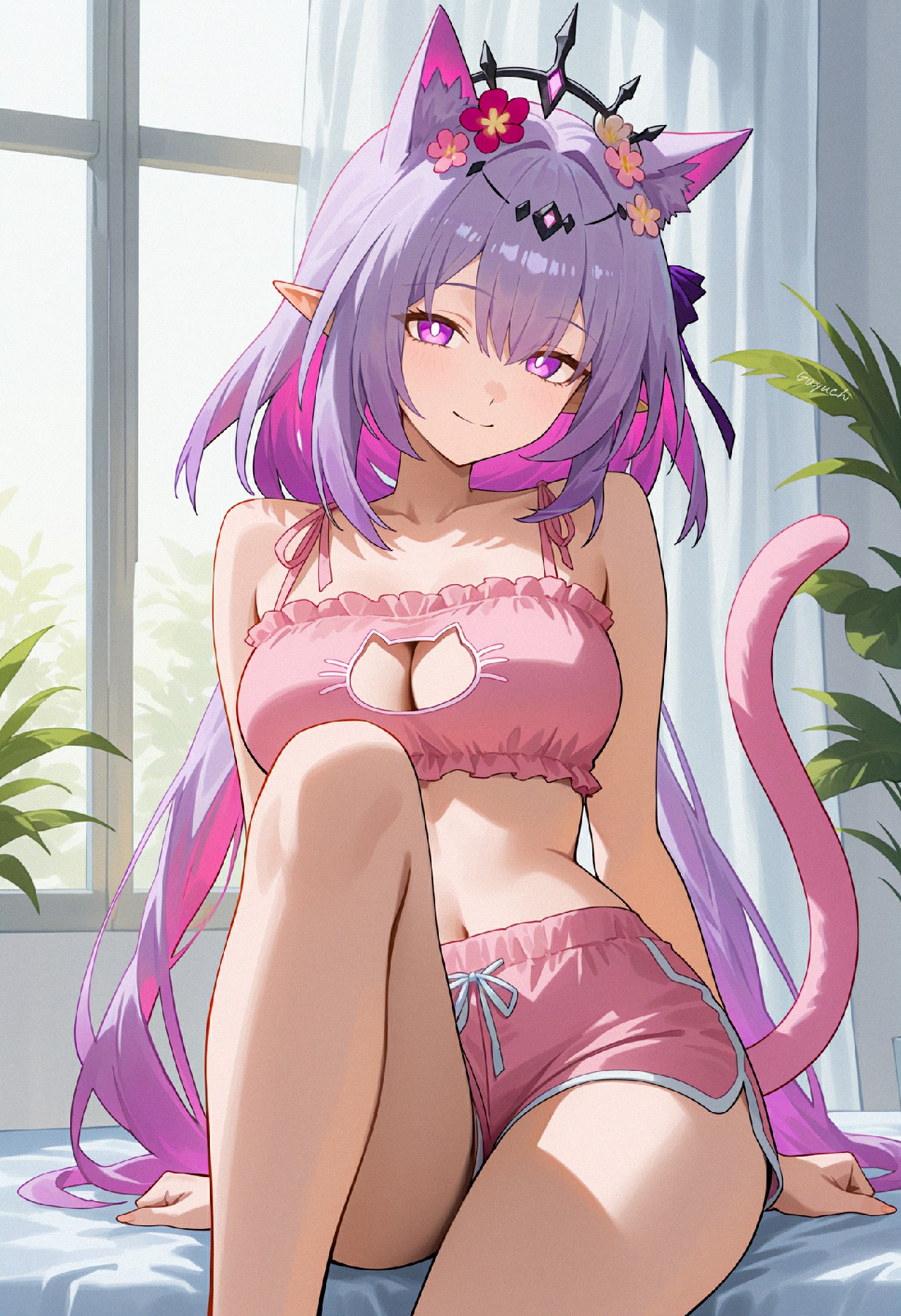 粉紫渐变猫耳娘的元气居家穿搭