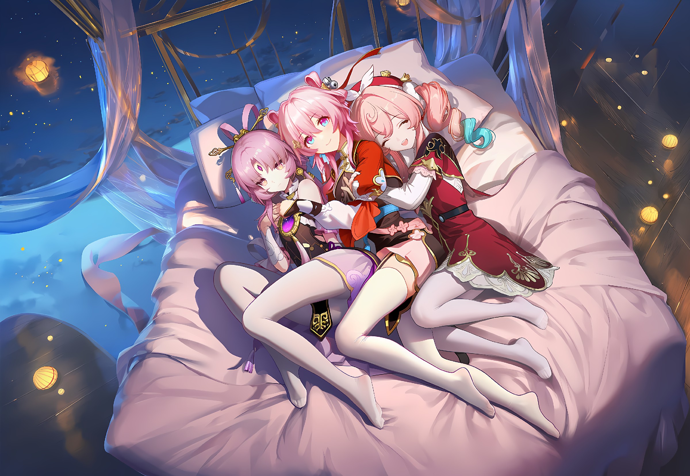 粉发少女梦幻同床，夜空中的温馨依偎