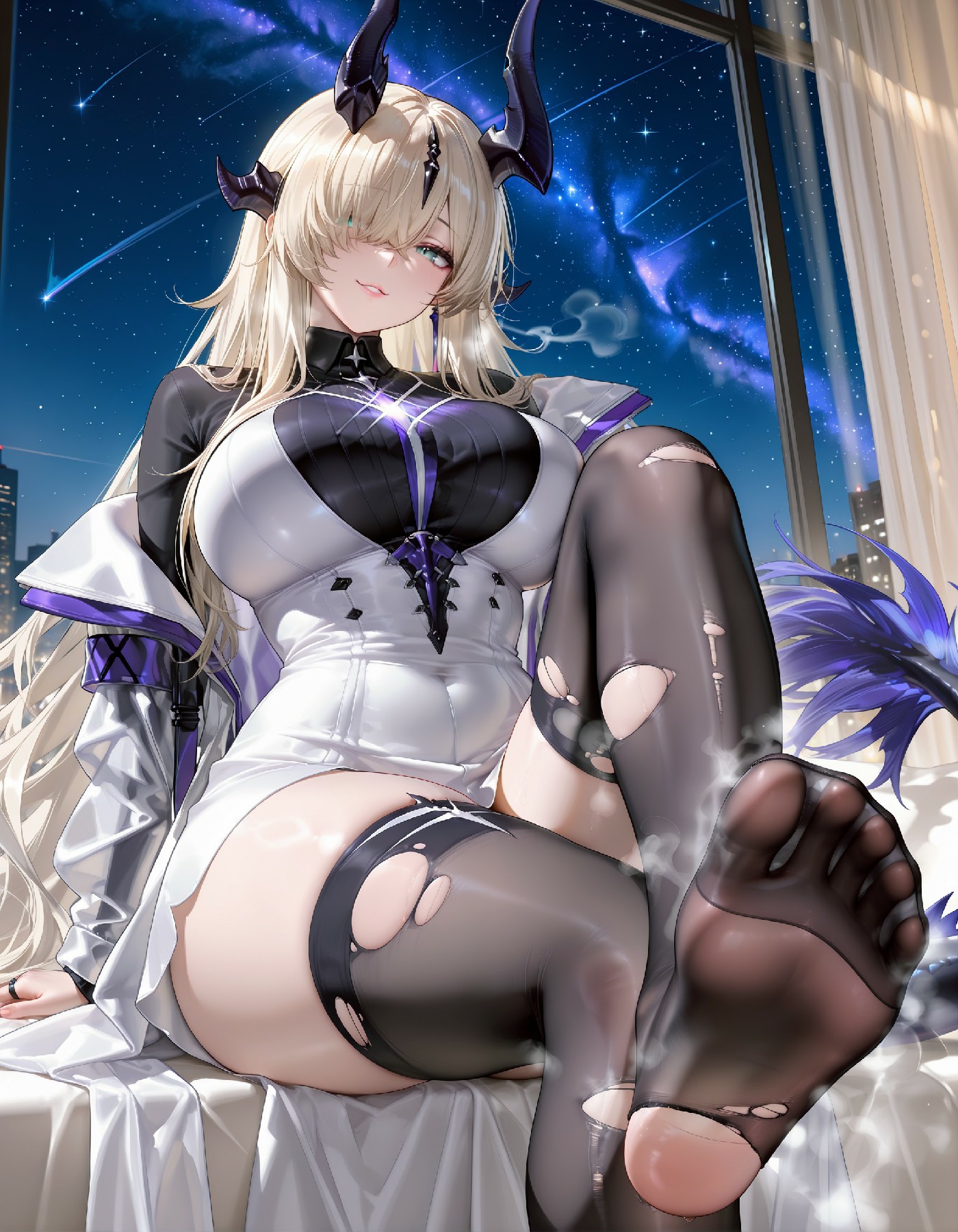 夜空中的魅惑恶魔娘 破洞黑丝氛围感拉满