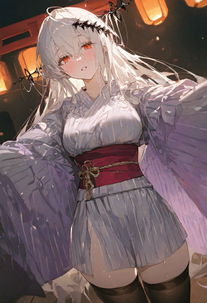 银发红瞳和服少女｜暗夜灯笼下的华丽