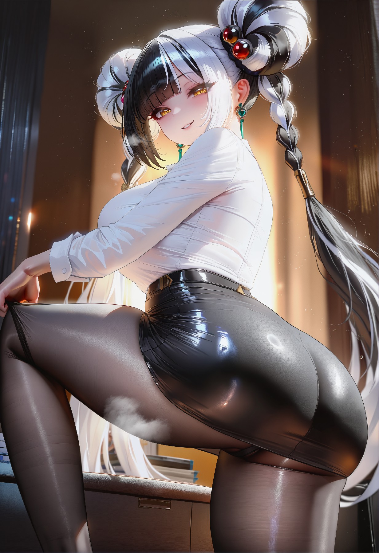 黑白双丸马尾，职场黑丝御姐太迷人