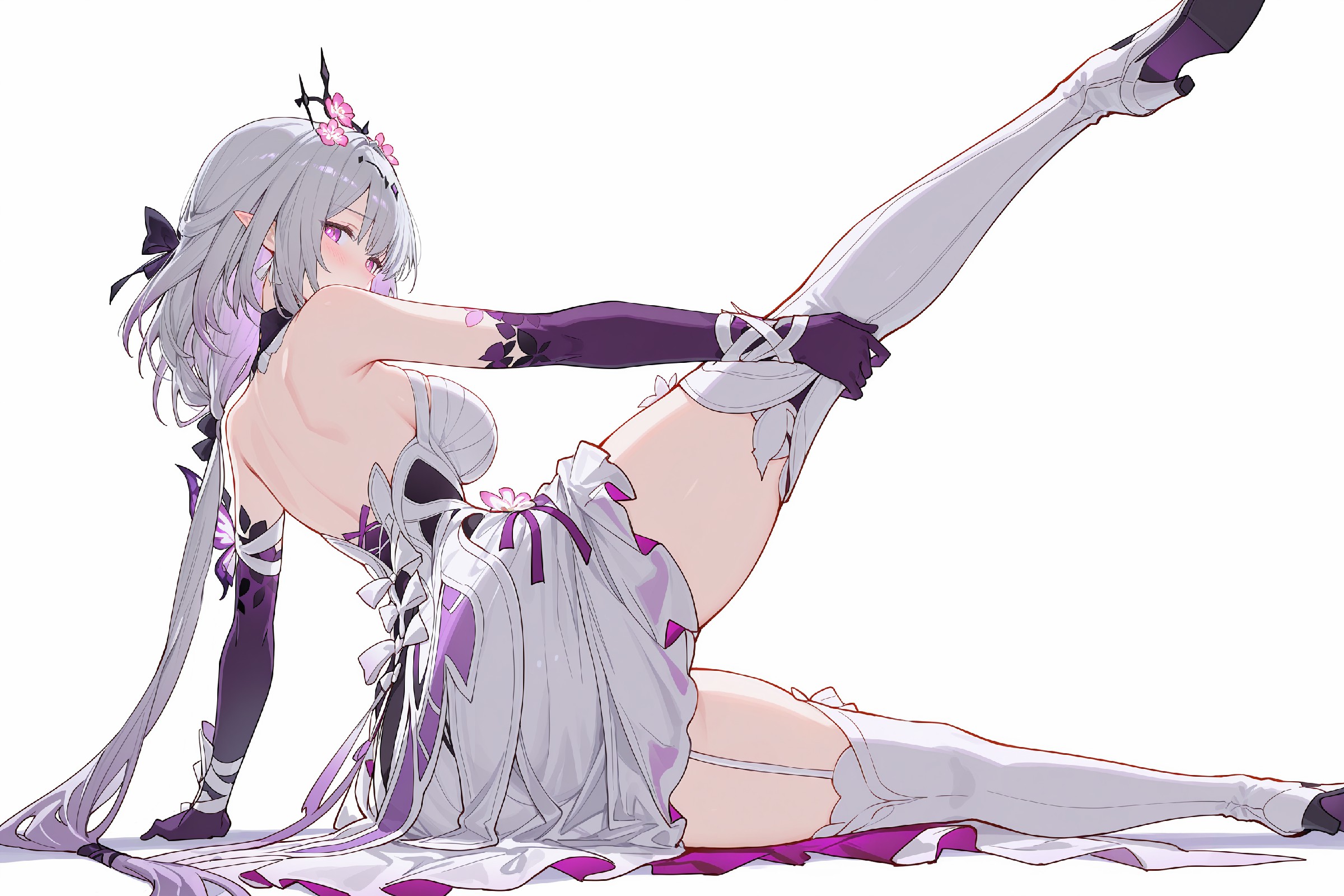 银发紫眸遐蝶一字马造型二次元同人插画