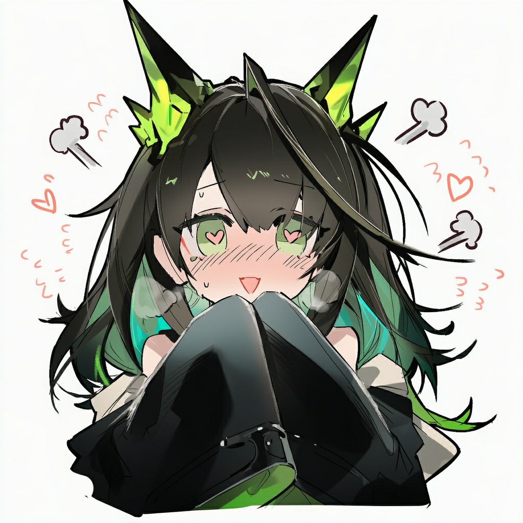 绿瞳尖耳少女羞埋膝间，满眼爱心尽显娇羞感