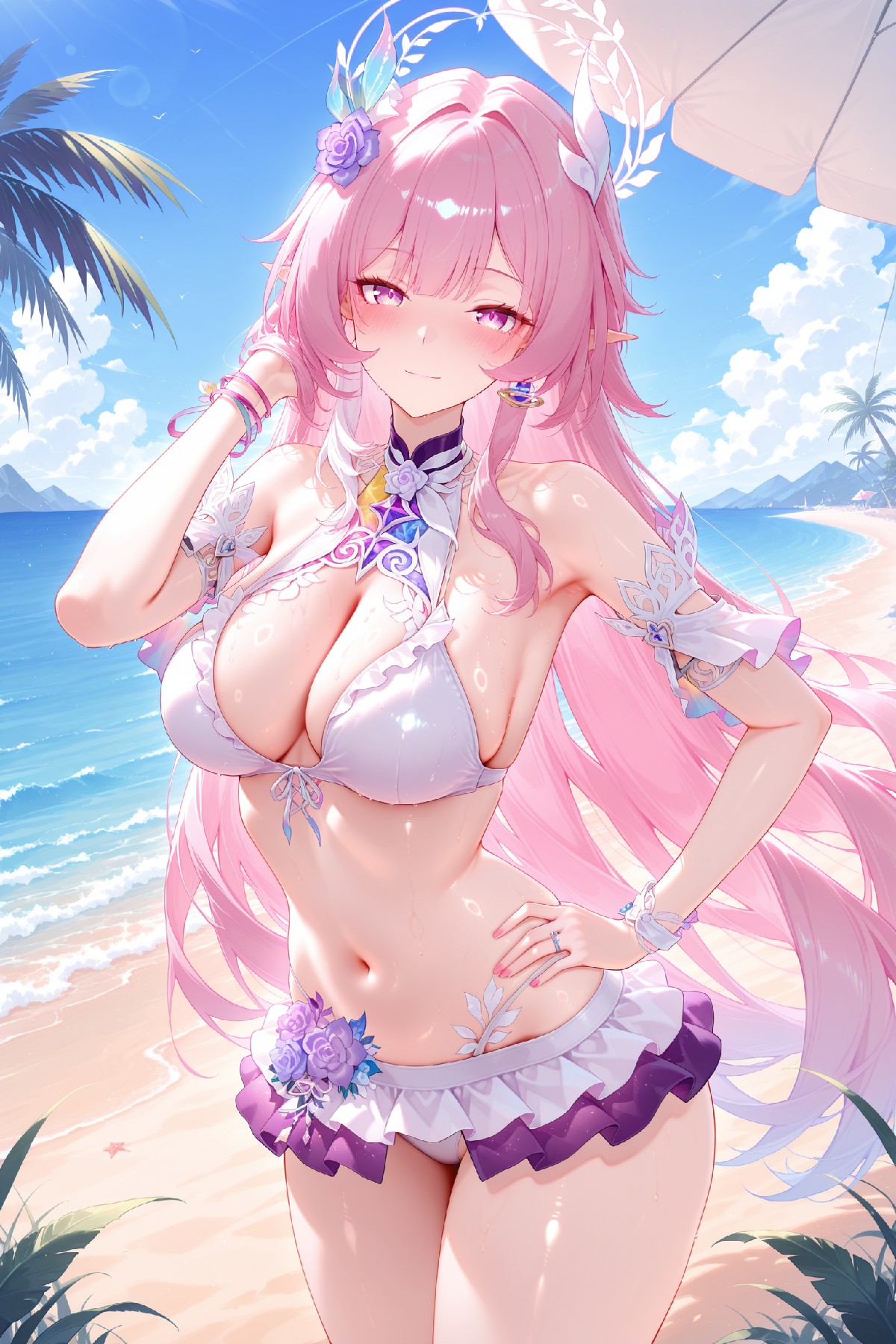 梦幻海滩上的绝美粉发少女