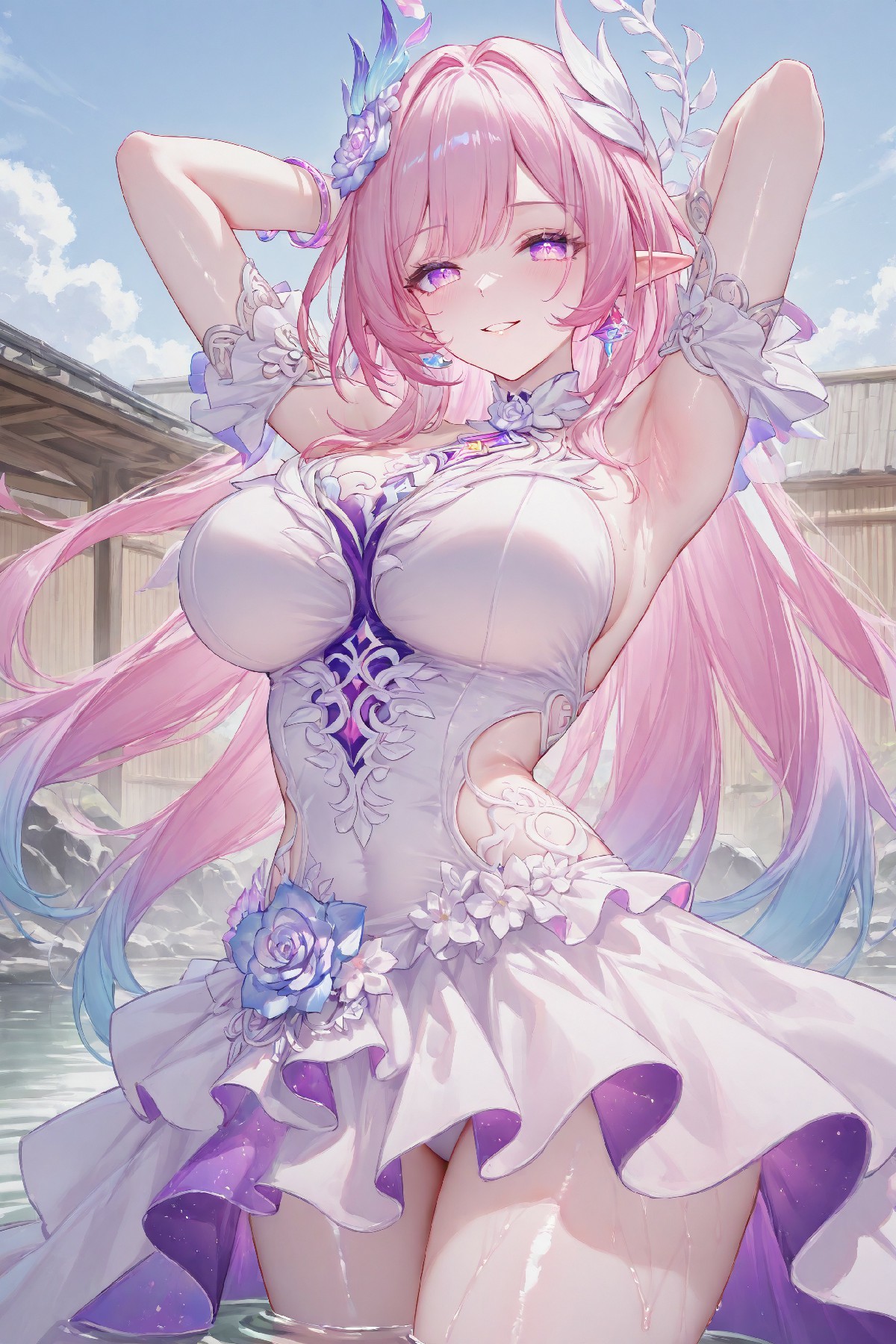 粉发精灵驻立温泉畔，柔笑尽显魅惑风情