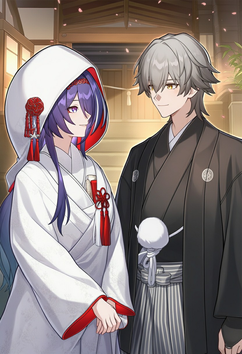 巫女与和服男的神社浪漫瞬间