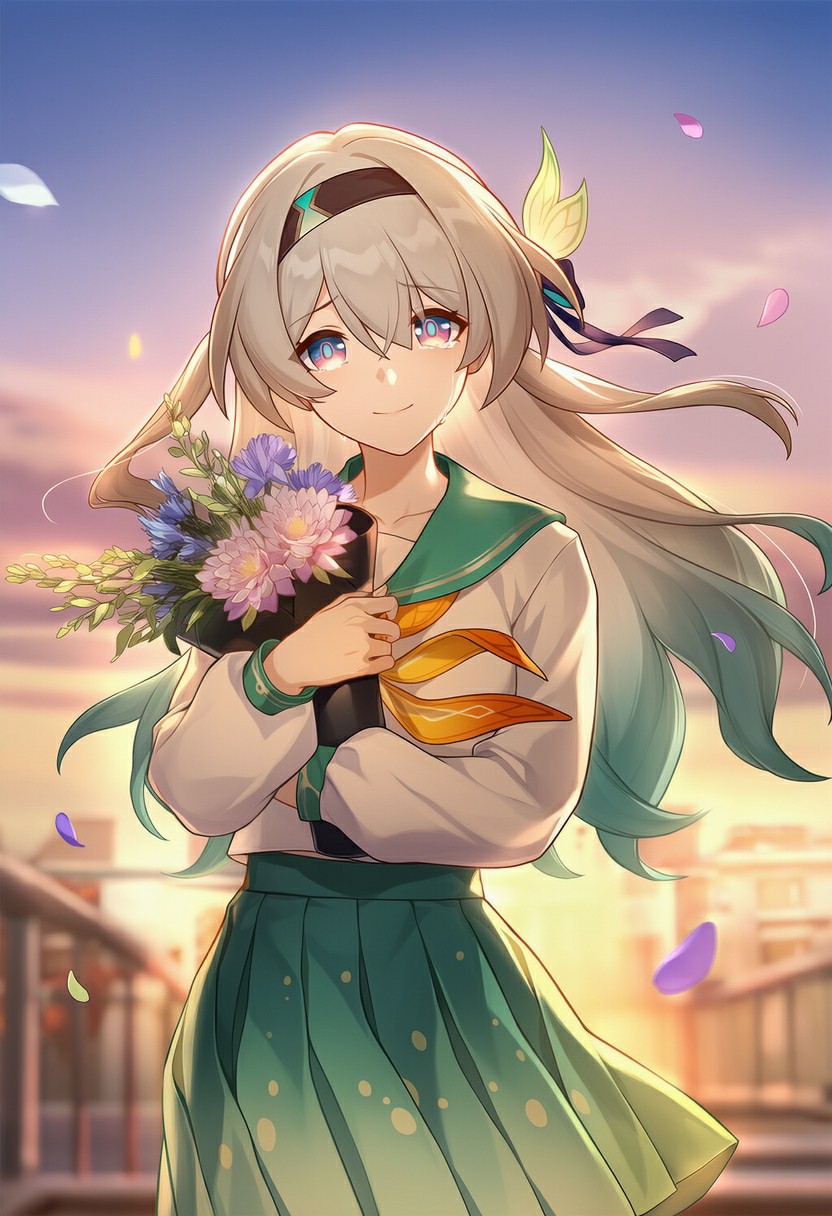 黄昏花束旁的治愈系银发少女