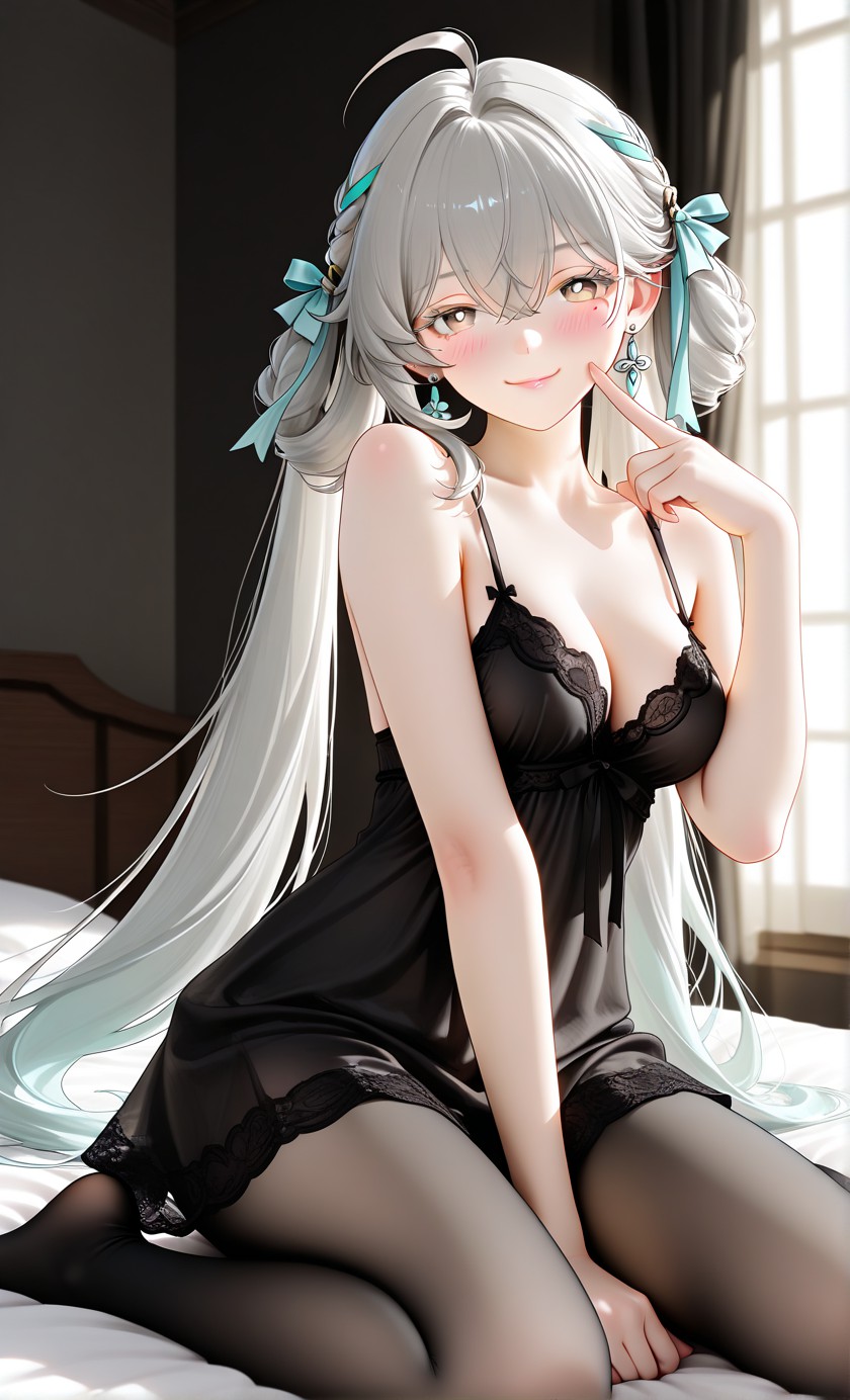 银灰渐变发少女 黑蕾丝睡裙尽显柔媚氛围感