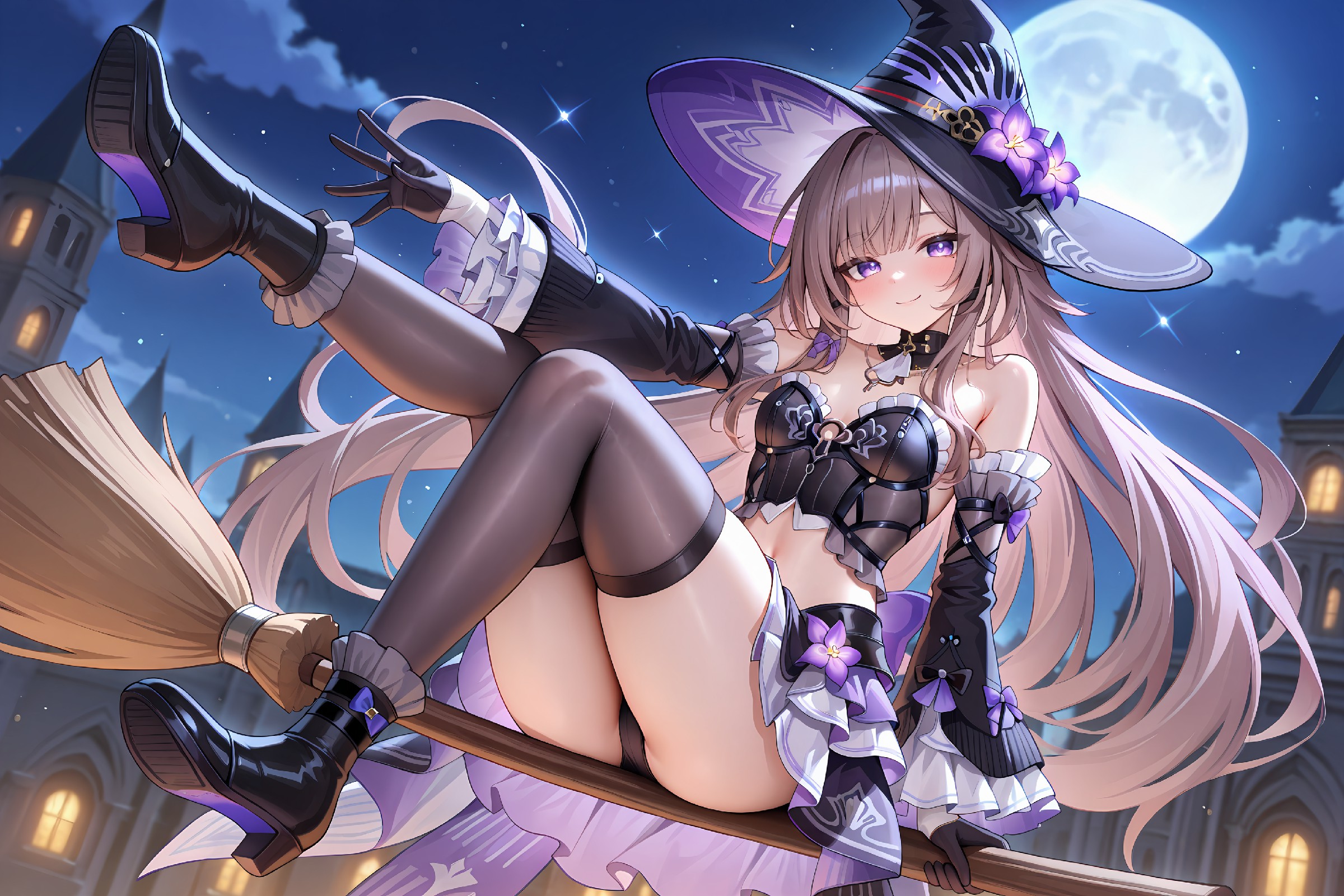 月夜女巫骑扫帚，梦幻魔法少女感拉满