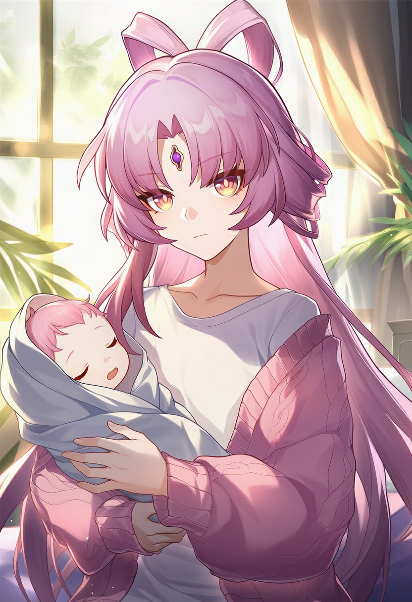 粉发少女抱萌宝 二次元治愈日常